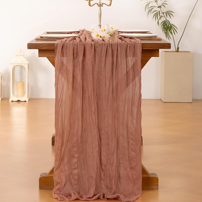 Socomi 3pcs Dusty Rose Easter Spring Cheesecloth Table Runner Boho Rustic Gauze 120 inch 10FT Cheese Cloth Runner for Wedding Party Baby Shower Birthday Home Decor Holiday Decorations