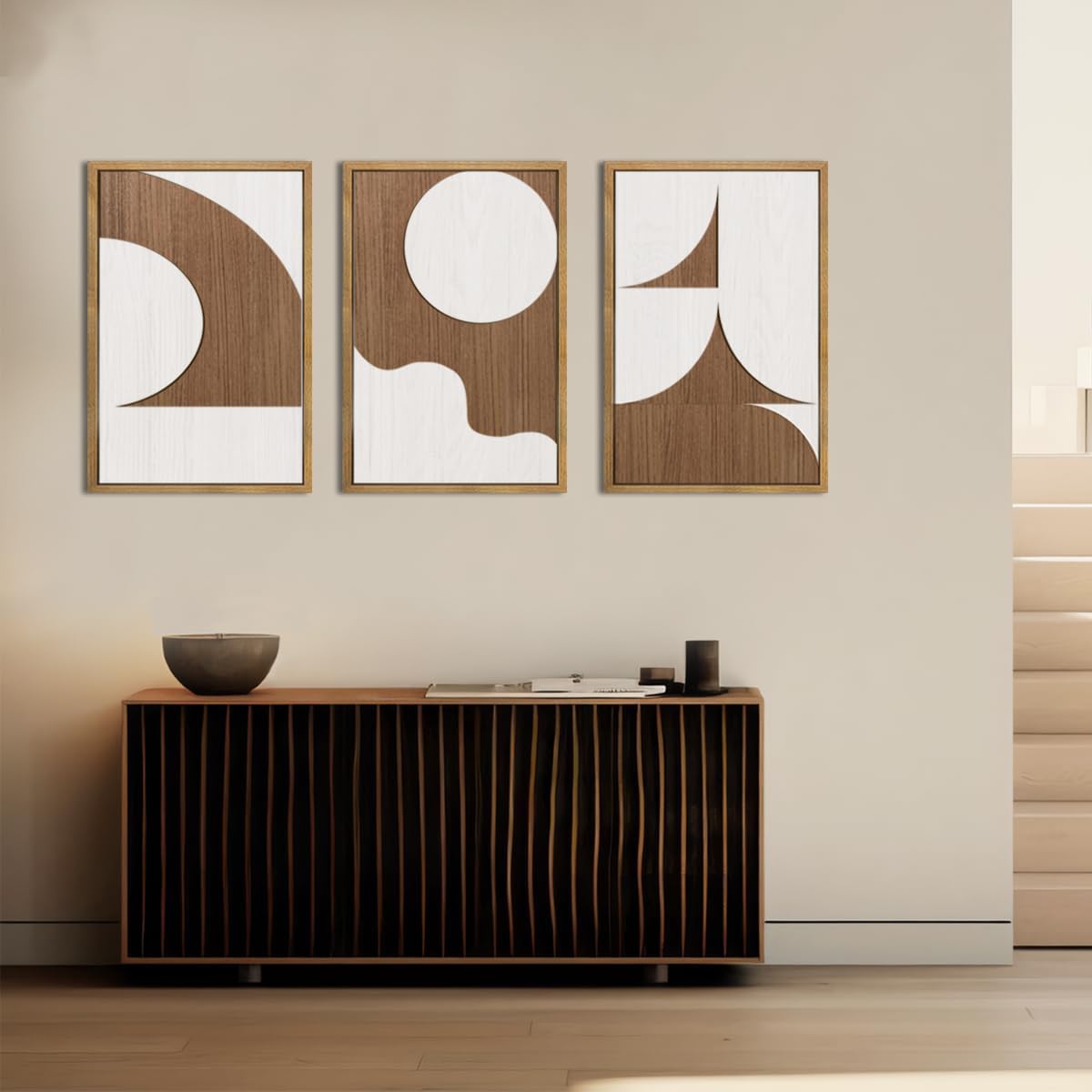 Large Abstract Brown and Beige Wall Art Set Modern Geometric Wood Grain Wall Decor Minimalist Neutral Mid Century Artwork Bohemian Art Decor for Living Room Bedroom Office-16x24Inch x3