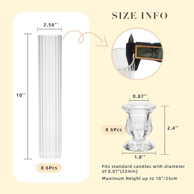 CHILL RECIPE Hurricane Glass Candle Holders-Set of 6 Tall Taper Candle Holder with 12” Tall Clear Cylinder Covers for Wedding Table Centerpiece Home Decor (Floral Base+Ribbed Chimney)