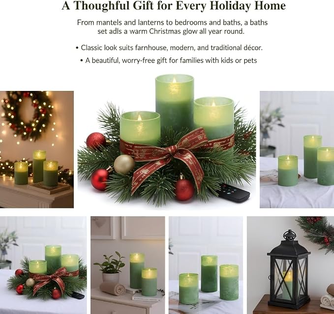 ANGELLOONG Green Flameless Candles with Remote, Glass Battery Operated LED Pillar Candles Flickering for St. Patrick's Day Christmas Home Decor, Set of 3