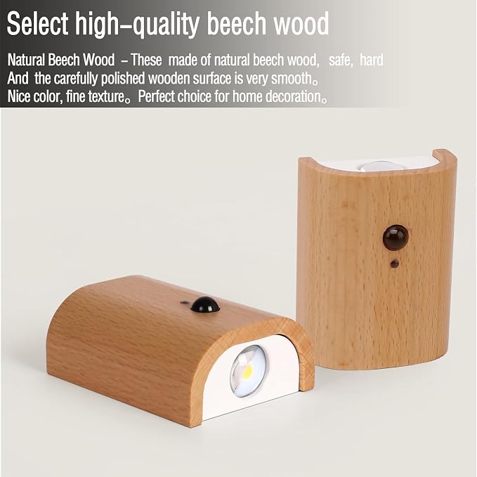 LANDGOO 1-Pack Wood Step Light with Motion Sensor, Rechargeable Stair Night Light, Beech Wood 2700K Warm White LED Wall Lamp, Easy No-Wire Installation for Hallway Bedroom