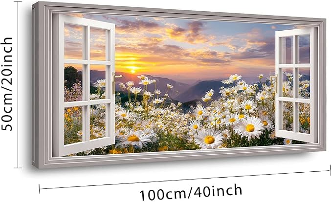 Ggaafet Wildflower Window Wall Art for Bedroom Canvas Painting Prints Beautiful Daisy Floral Blooming Landscape Art Deco Pretty Artwork Office Family Dining Room Decor