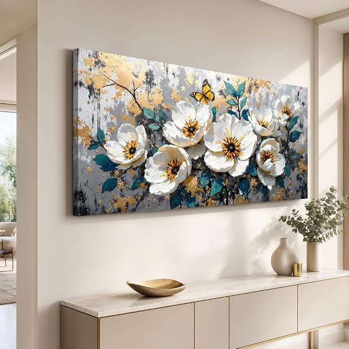 Wall Art Flower Abstract Canvas Painting Textured Picture, Modern Landscape Artwork Framed for Living Room Bedroom Bathroom Office Home Decor 58x28in