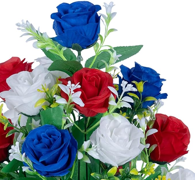 DONODA 2 Sets Artificial Cemetery Flowers， Outdoor Grave Decorations Roses，Accompanied by 2 Long Nail Vases，Lasting and Non-Bleed Colors (18 Heads (red, Blue, White))