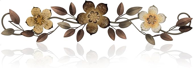 Wesiti Metal Flower Wall Decor Vintage Spring Metal Flower Wrought Iron Scroll Sculpture 15.7''x3.7'' Farmhouse Leaves Wall Decor with Nails for Spring Living Room Bedroom Indoor Outdoor(Brown)