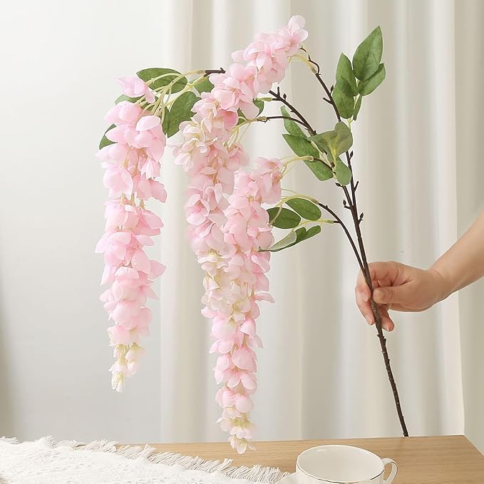 4pcs Large Size 47.2-inch Artificial Fake Wisteria Hanging Flower Garland Silk Flower String Home Party Decoration White Blue Pink Purple (Pink)