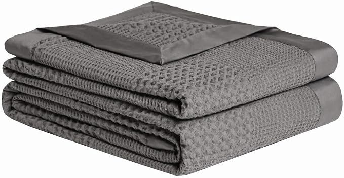 meadow park Cotton Waffle Blanket with Sateen Binding - Twin Size - Lightweight and Breathable - Charcoal Color