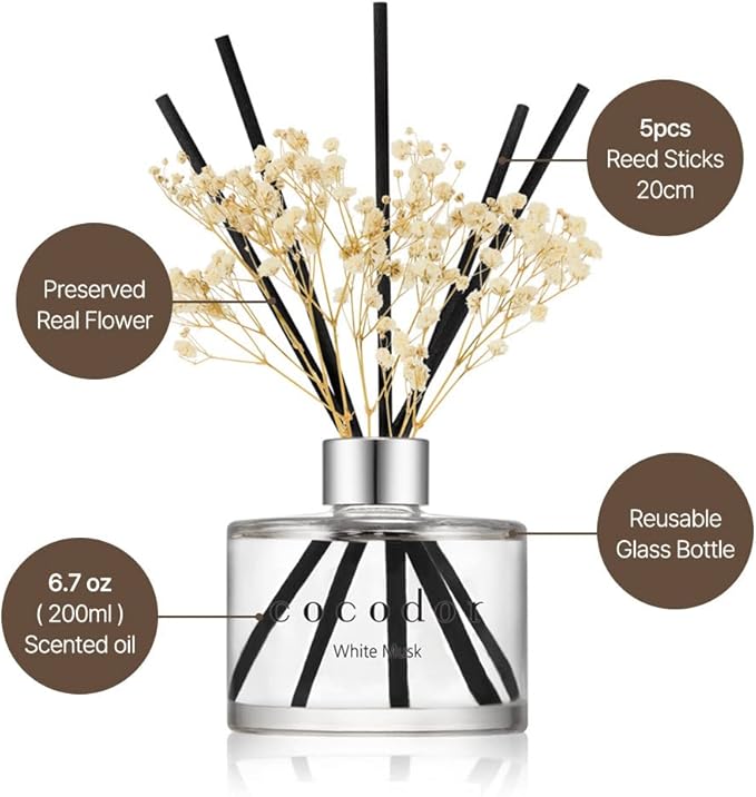 COCODOR Flower Reed Diffuser Set / 6.7oz / Pure Cotton/Scent Diffuser with Sticks Home Fragrance Reed Diffuser for Bathroom Shelf Decor for Women