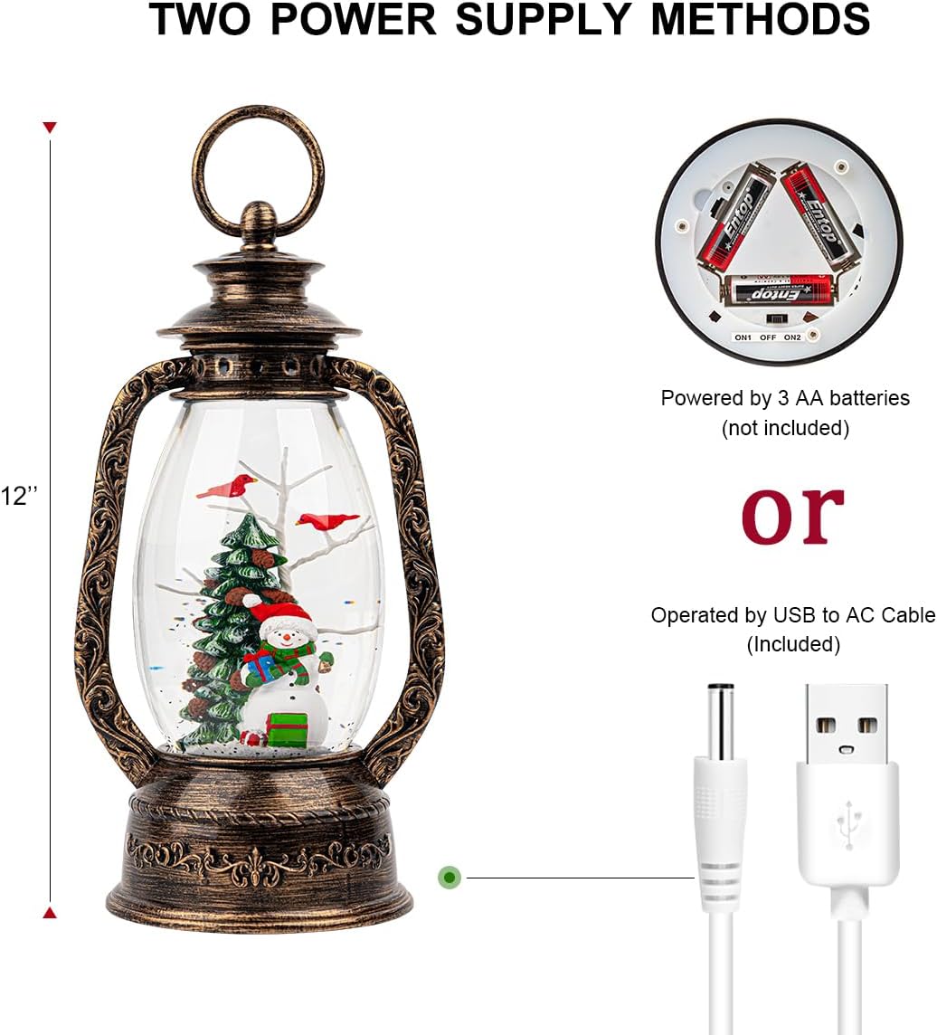 Christmas Snow Globe Lantern Water Glittering Snowman with Christmas Tree, USB Lined/Battery Operated Lighted Lantern for Christmas Festival Decoration Gifts