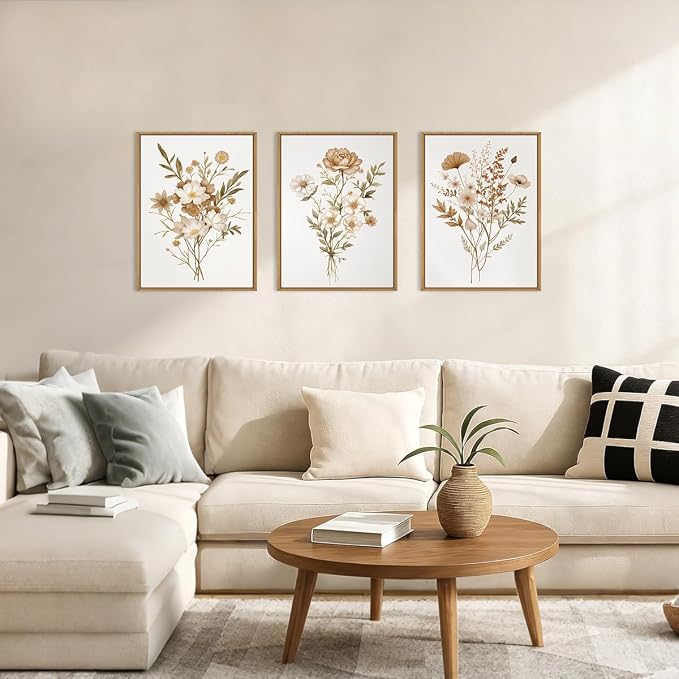 KAIRNE Neutral Boho Floral Framed Canvas Wall Art Set, Vintage Botanical Flower Wall Decor, Minimalist Wildflower Art Prints, Modern Beige Artwork for Living Room, Bedroom, Farmhouse, Office-12"x16"x3