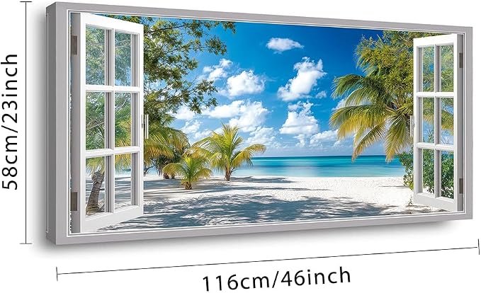 Ggaafet Tropical Beach Window Wall Art for Living Room Canvas Painting Prints Beautiful Palm Tree Art Deco Modern Artwork Office Bedroom Family Room Decor Large