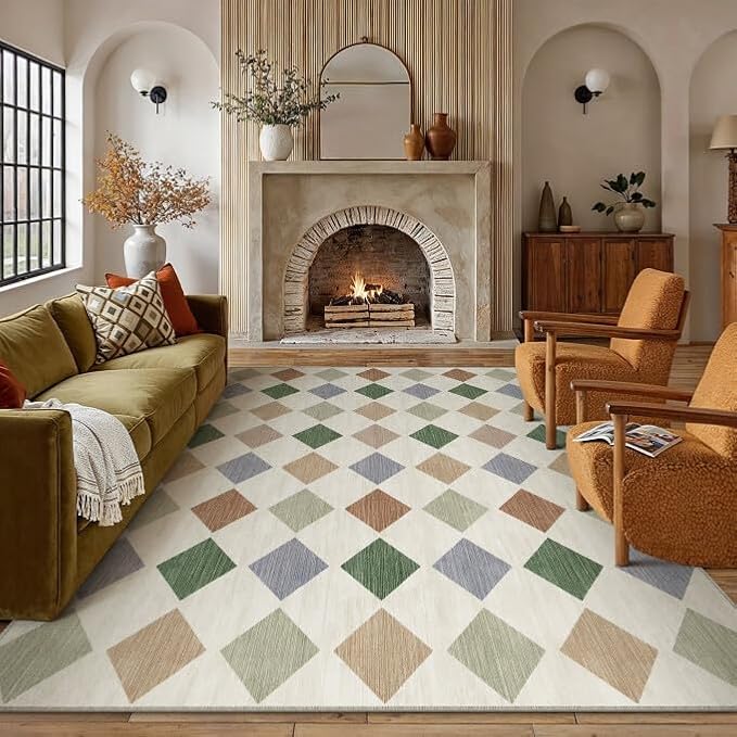 PureCozy 10x12 Checkered Area Rugs for Living Room Machine Washable Modern Soft Large Rug Non-Slip Non-Slip Low Pile Accent Indoor Office Carpet for Bedroom Dining Room Nursery Classroom