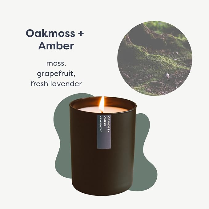 Calyan Wax Co. Oakmoss & Amber Scented Candle - 75 Hour Burn - Luxury Clean Soy Wax Candles - Long Lasting Black Tumbler Jar Candle for Home - 10.2oz