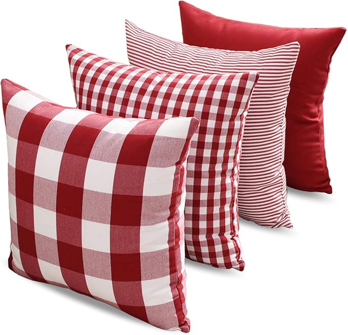 CARRIE HOME Red Plaid Decorative Throw Pillow Covers 20x20 Set of 4, Burgundy Red and White Christmas Couch Pillows 20 x 20, Red Buffalo Checkered Living Room Decor Pillows Also for Front Porch