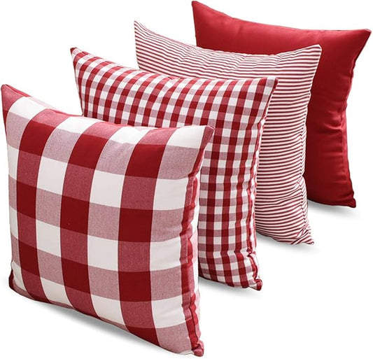 CARRIE HOME Red Plaid Decorative Throw Pillow Covers 20x20 Set of 4, Burgundy Red and White Christmas Couch Pillows 20 x 20, Red Buffalo Checkered Living Room Decor Pillows Also for Front Porch