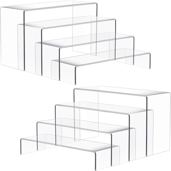 Anglelife 8 Pieces 2 Set (7”L~8”L~9”L) Large Display Risers, 4" Wide Clear Rectangular Stand Shelf for Showcase Collectibles, Acrylic Cake Shelves for Retail Desktop Jewelry Funko Pop Figures