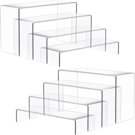Anglelife 8 Pieces 2 Set (7”L~8”L~9”L) Large Display Risers, 4" Wide Clear Rectangular Stand Shelf for Showcase Collectibles, Acrylic Cake Shelves for Retail Desktop Jewelry Funko Pop Figures