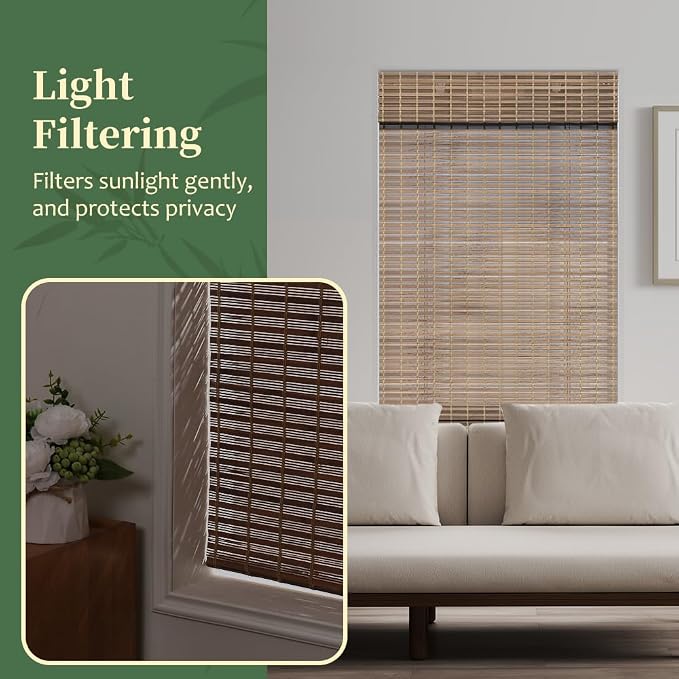 AGESISI Bamboo Roman Shades with Valance Cover, Cordless Blinds for Indoor Windows, Light Filtering Woven Wood Shades for Home & Patio, Privacy Protection, 20" W x 64" H, Grey
