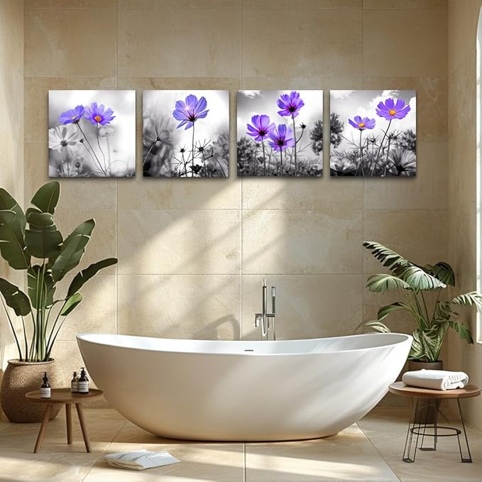 Wall Art For Living Room Black and White purple flower Canvas Wall Decor for Home Decor artwork painting 12" x 12" 4 Pieces Canvas Print For bedroom Decor Modern Salon kitchen Still Life Painting