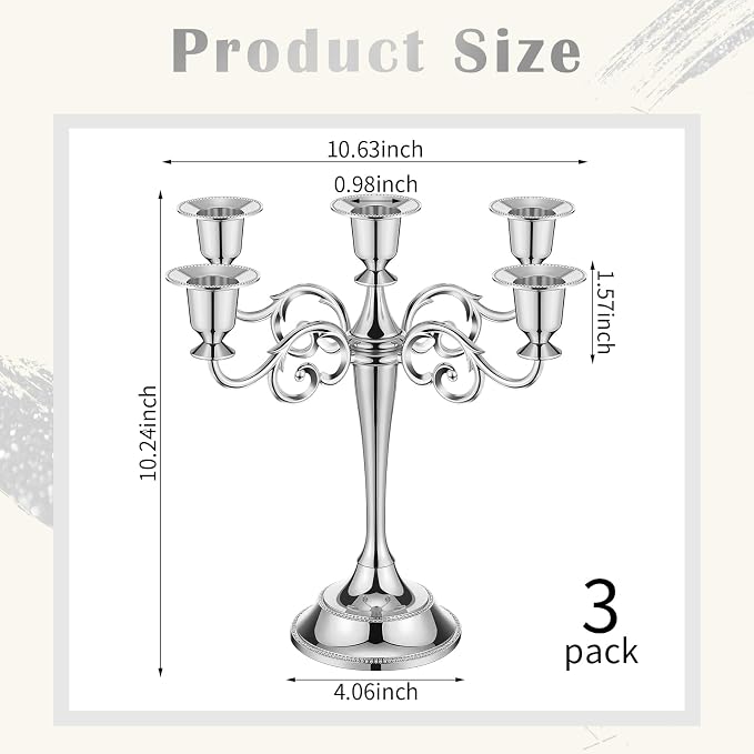 Dandat 3 Pcs 5 Arm Metal Candelabra 10.24 Inch Tall Candlestick Holders Gothic Candle Holder for Home Wedding Church Halloween Theme Party Table Centerpieces(Sliver)