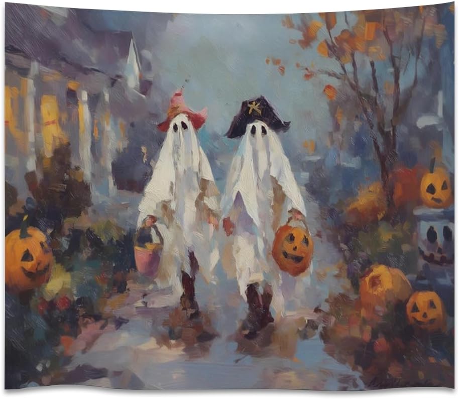 Funny Halloween Ghost Tapestry Wall Hanging Cute Kids Nursery Room Decor Trick or Treat Art Print Goth Fall Pumpkin Ghost Tapestries for Living Room Bedroom wall Decor 60x80inch