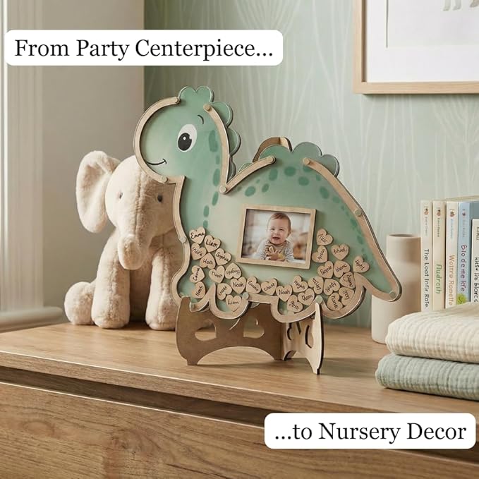Dinosaur Guest Book Alternative Keepsake Frame - Baby Shower - Birthdays - Gender Reveal - Decorations - Premium Wooden Shadow Box Nursery Decorations - Gift Idea - Wooden Tokens and Token Sign Box Included - OneASaurus Theme (Green)