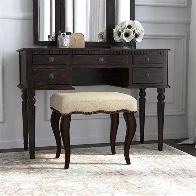 Hillsdale Hamilton Wood and Upholstered Backless Vanity Stool for Makeup Room and Bathroom, Burnished Oak