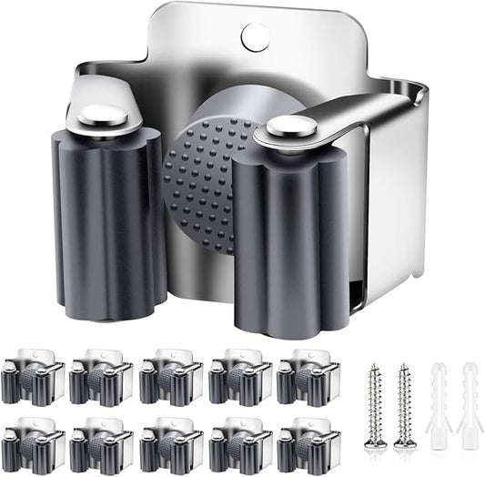 Verdenu 10 Pack Broom Holder Wall Mount, Mop and Broom Holder Wall Mount, Stainless Steel Command Broom Holder with Screws, Garden Tool Storage Organizer for Kitchen, Home, Bathroom, Garage, Grey