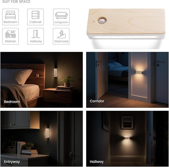 Battery-Operated Motion Sensor Night Light, Magnetic 3-Color Dimmable Motion Sensor Closet Night Light, for Bedroom, Hallway, Kitchen & Stairs