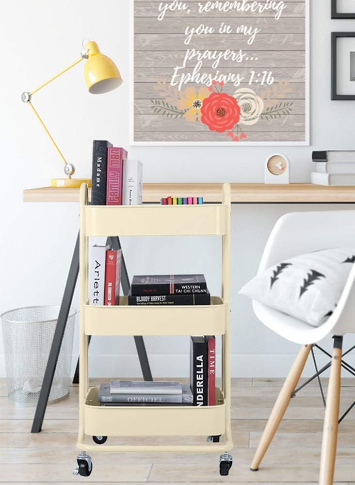 Melody House 3-Tier Metal Mesh Utility Rolling Cart Storage Organization Cart with Wheels, Beige