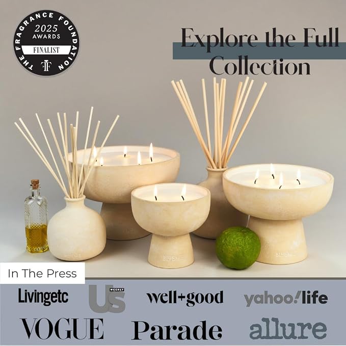 Blueme Nostalgia Candle | Bergamot & Musk | 2 Wick - Refillable Wellness Candle with Essential Oils, Hand Finished & Poured Soy Wax Blend Ceramic Vessel, Natural Cotton Wicks | Medium 12 oz