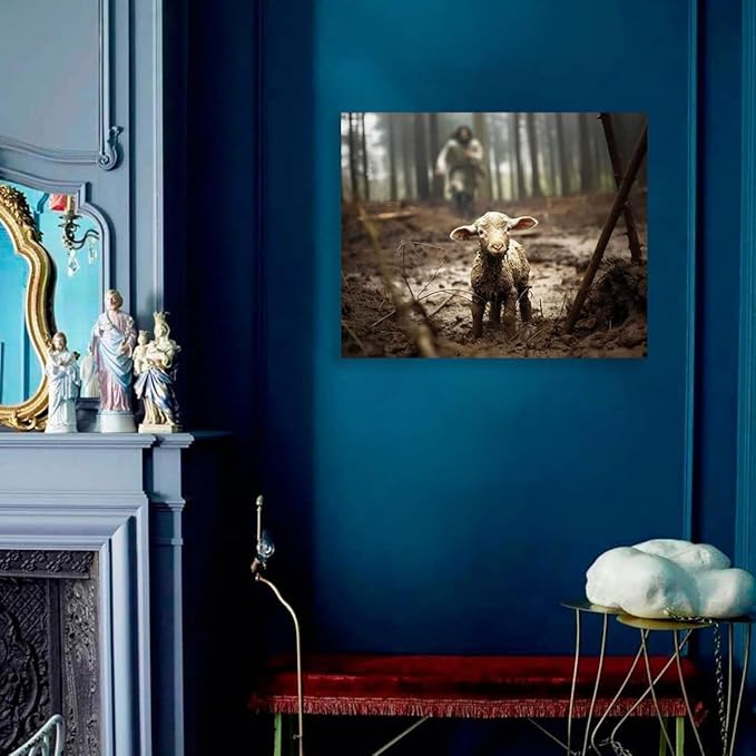 Jesus and Lamb Canvas Wall Art Jesus Running After Lost Lamb Picture Wall Art Canvas Print Christian Home Decor 12x16 inch