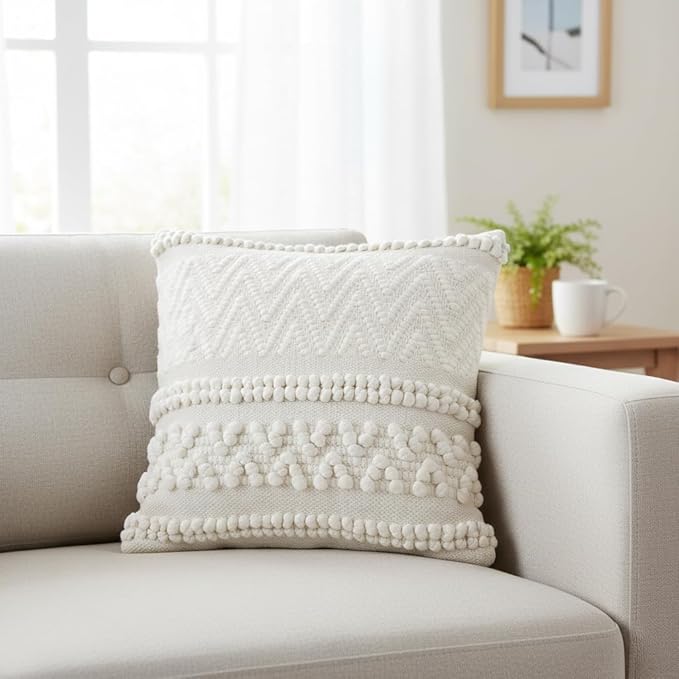 REDEARTH · Tufted Throw Pillow Cushion Covers - Boho Textured Woven Decorative Cases Set for Couch, Sofa, Bed, Farmhouse, Chair, Patio, Car - 100% Cotton (18x18 ; Boho Chic Natural) Pack of 2