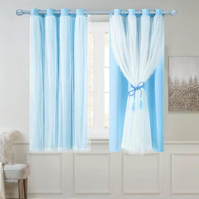Short Blue Blackout Curtains 63 Inch Length with Sheer - Double Layered Light Blue Grommet Window Treatment for Kids/Children's Boys Bedroom Living Room Nursery, Baby Blue, 2 PCs