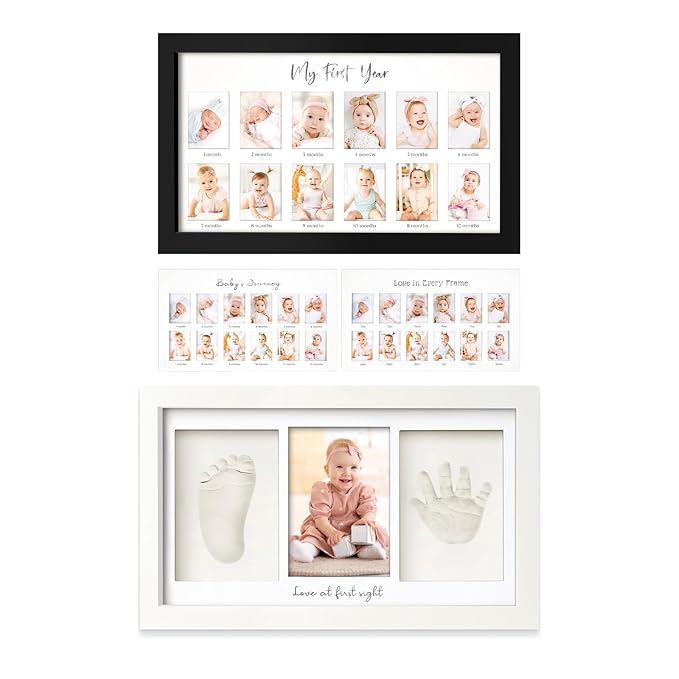 KeaBabies 12 Months Baby Picture Frame for Newborn Girl, Boy and Baby Handprint & Footprint Kit - My First Year Photo Frame, Monthly Photo Keepsake - Duo Photo Display