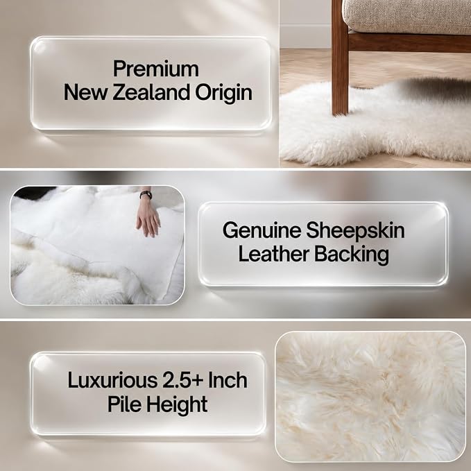 Genuine Sheepskin Rug – New Zealand Sheep Skin Fluffy Soft Single Pelt Lambskin for Bdroom, Living Room, Sofa, Chair, Bedside – Natural Ivory White Area Rug (2 x 3 ft)