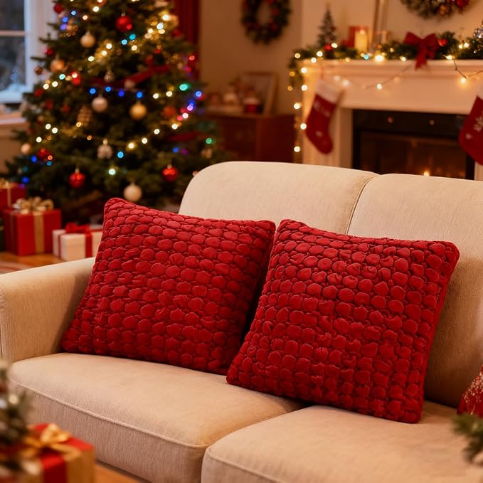 Christmas Throw Pillow Covers 18x18 Set of 2 Velvet Square Pillowcase Soft Thickened Decorative Farmhouse Cushion Covers Bubble Texture for Couch Sofa Bedroom Living Room,Red