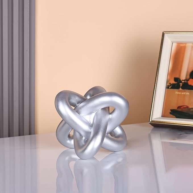 DOVDOV Silver Knot Sculpture, Three-Knot Sculpture Silver Home Decor Accent, Suitable for Rustic-Style Coffee Tables, Living Room Dining Tables, entryway Shelves, and Small Decorations