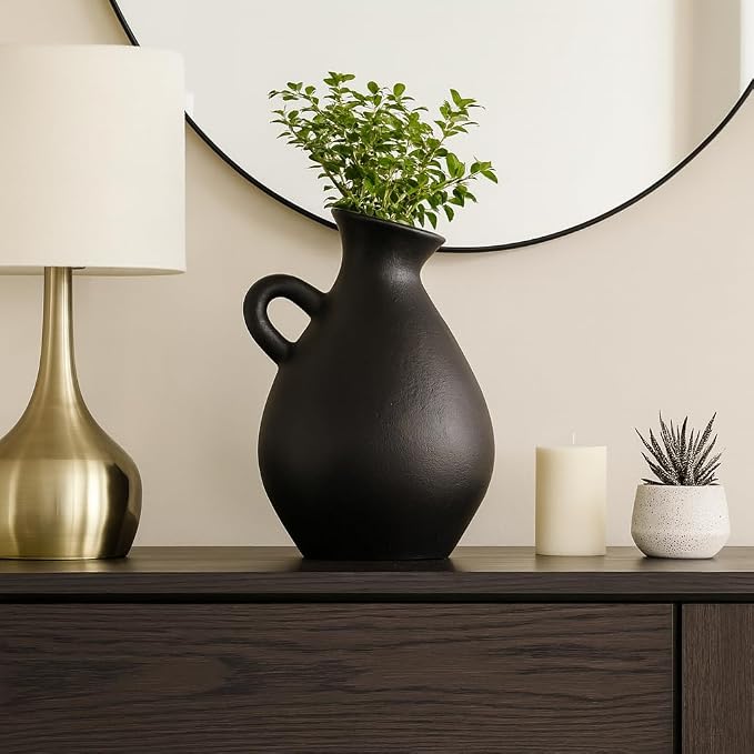 Terracotta Jug with Handle Vase for Living Room Decor - Decorative Home Accents for Bedroom, Office, and Table Centerpiece - Modern Flower Vase for Kitchen Counter and House Styling - 18", Black