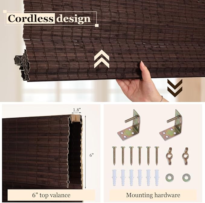 LUCKUP Cordless Bamboo Roman Blinds Shades for Indoor Windows-Blackout Room Darkening Roman Blinds with 6" Valance Cover Enhanced Privacy, 38" W x 64" H