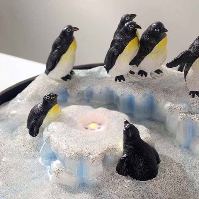 Tolevoit Tabletop Water Fountain Penguins Resin Statue, Vivacious Style Feature Decoration Indoor Waterfall Fountains with LED Lights Fit Office, Night-Table Home Decor