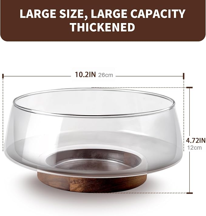 Large Glass Salad Bowls Set with Acacia Wood Base and Lid and Salad Serving Utensils, Elegant and Practical Salad Bowls for Kitchen Essentials Party