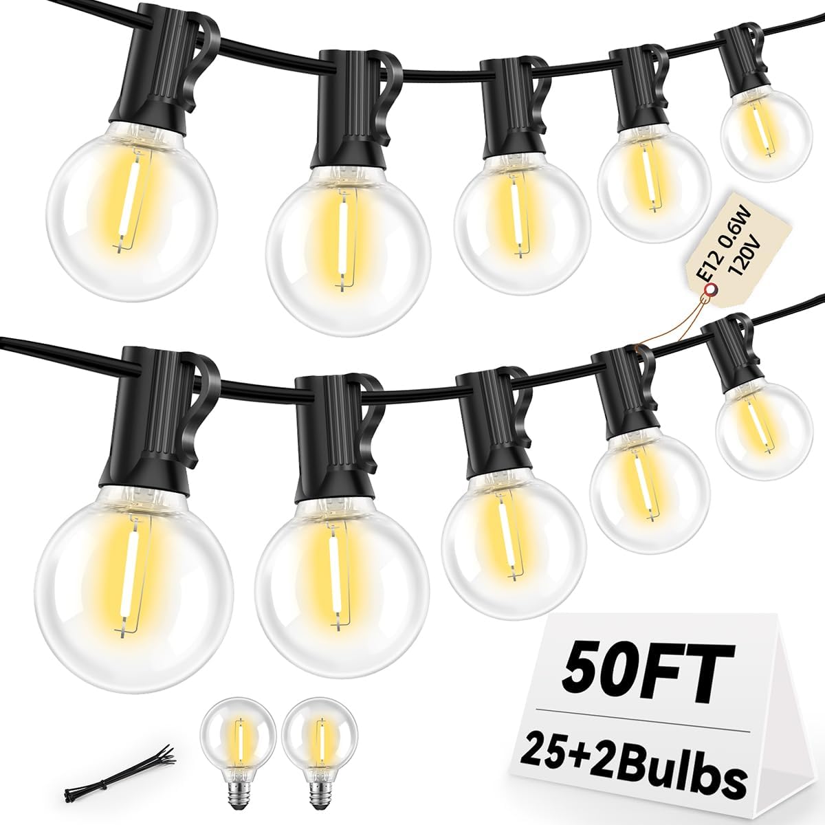 50FT G40 LED String Lights with 25 Shatterproof Bulbs (2 Spares), E12 Sockets, 2700K Warm White, eatherproof Patio Lighting for Garden,Backyard,Party,Wedding,Porch,Deck,Gazebo,Bistro,Camping