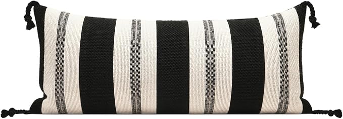 Decorative Lumbar Pillow Cover 12x28, Handwoven Boho Long Body Pillowcase, Farmhouse Linen Cotton Pillow Cushion Case for Sofa, Bed, Living Room, Bedroom(Black and White)