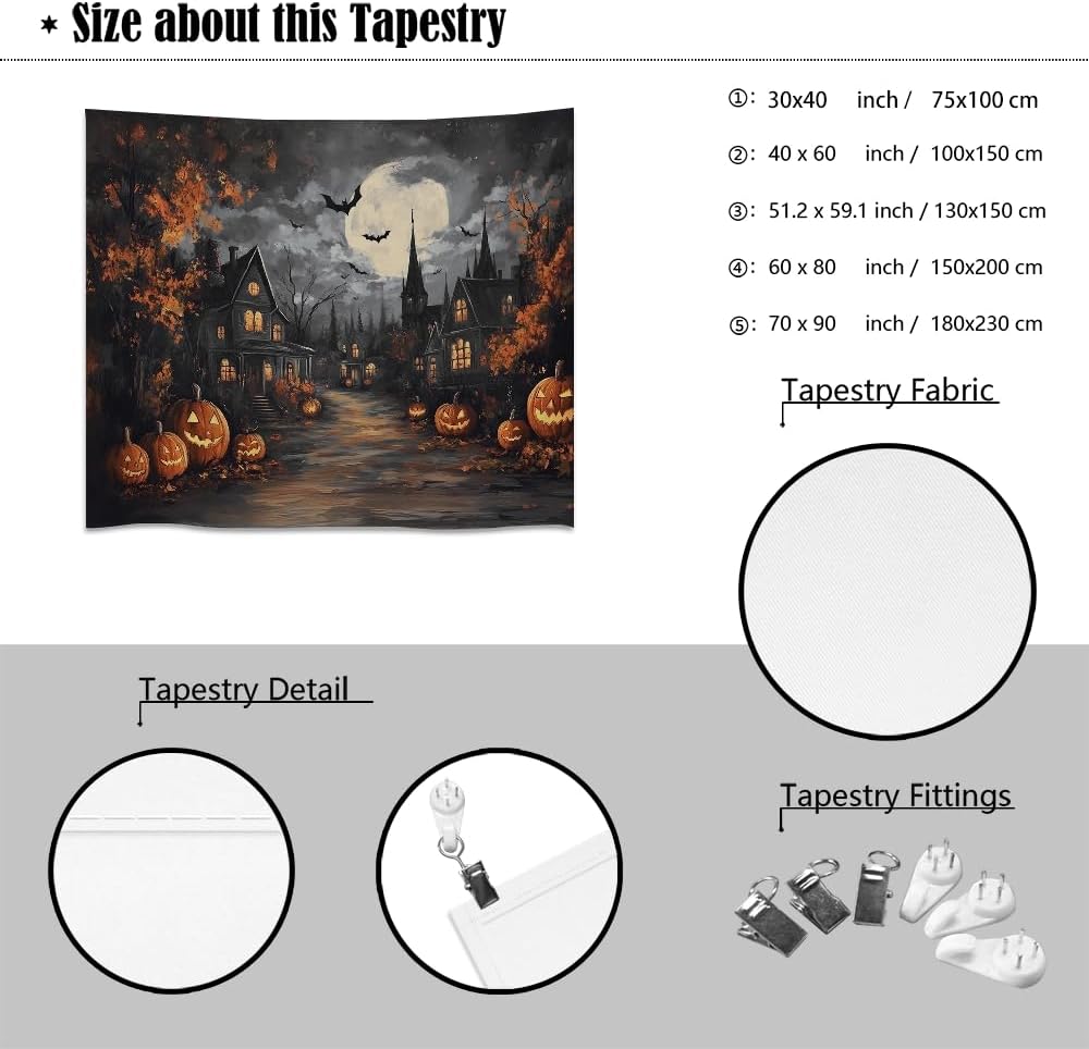Spooky Halloween Tapestry Haunted Home Bats Pumpkin Tapestry Wall Hanging Dark Academia Fall Full Moon Decor Gothic Ghost Tapestries for bedroom Living Room Decoration 30x40inch