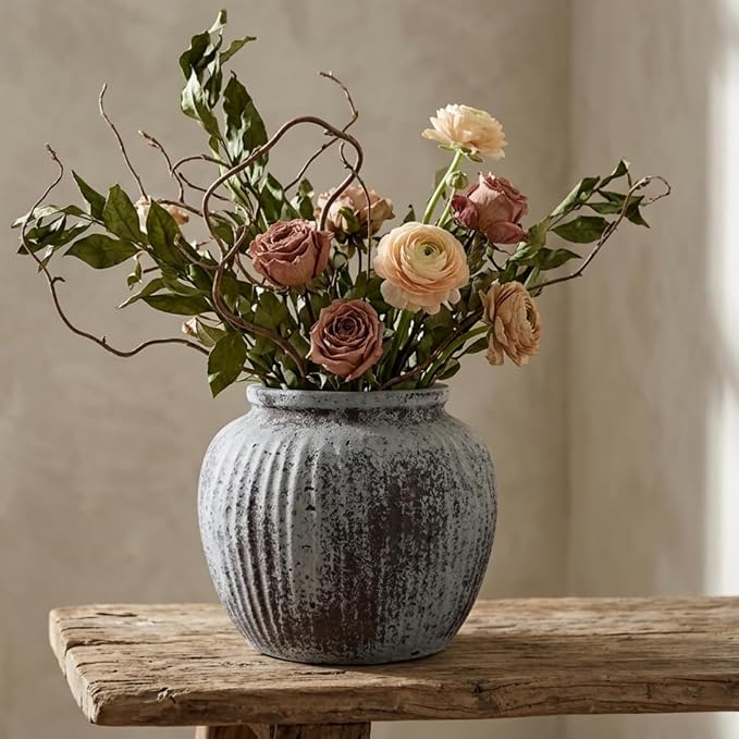 Oakrain Large Rustic Vase, 11" Distressed Round Floor Vase for Home Decor, Farmhouse Centerpieces Planters for Living Room Indoor Outdoor Use, Gray