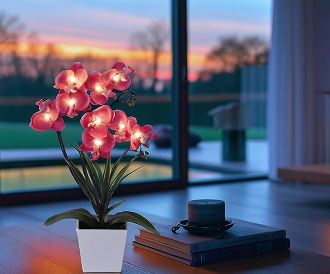HOMESEASONS Orchid Lamp-LED Lighted Orchid Arrangements,Pre Lit Artificial Orchid,Light Up Flower Lights, Faux Orchid Phalaenopsis Arrangement (Purple)