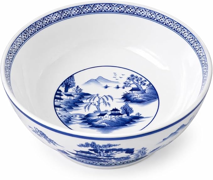12 Inch Blue and White Porcelain Bowl, Large Chinese Decorative Centerpiece Bowl, Oriental Landscape Ceramic Bowl for Tabletop, Fruit Display, Kitchen Counter and Home Décor