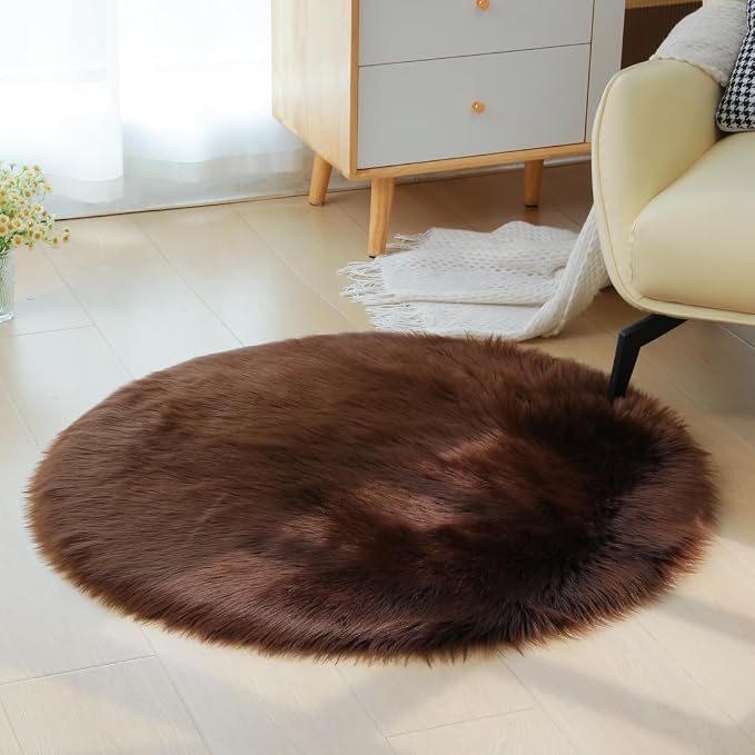 Faux Fur Sheepskin Rug Super Soft Fluffy Plush Area Rug Bedroom Floor Children's Room Sofa Cushion Living Room Runners Bedside Rugs (Coffee, 3×3 ft Rotund), 33KFYX