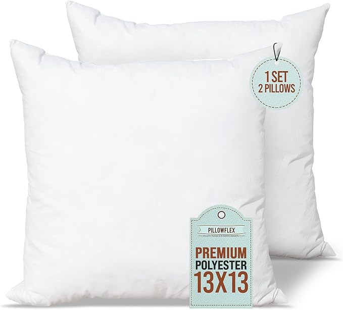 Pillowflex Premium Polyester Pillow Insert – 13x13 - Square Pillows Form, Machine Washable, Soft Sham Supports, Decorative Form for Covers and Throw Pillows, Hypoallergenic - Made in USA - 2 Pack
